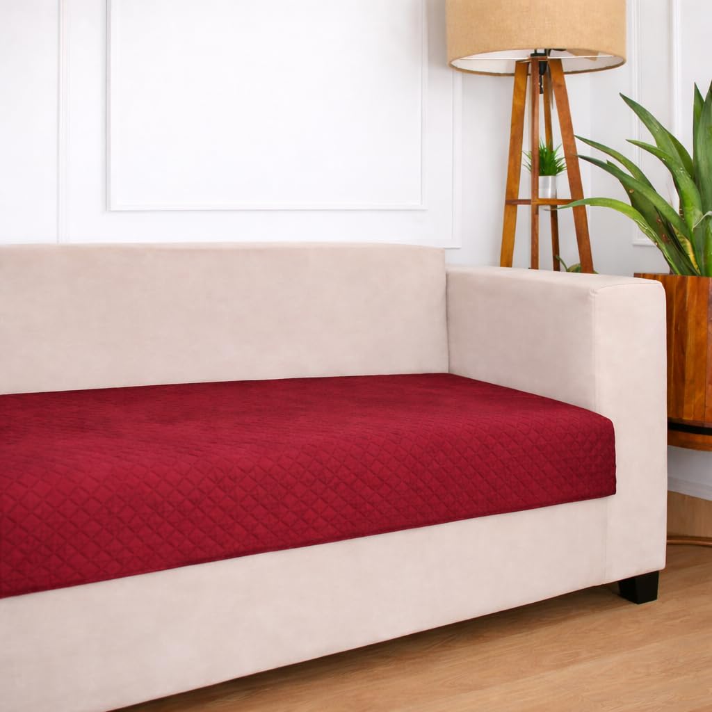 STITCHNEST 3-Layered Quilted Velvet Maroon 1 Seater Sofa Cover