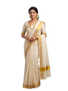 Kuthampully Kerala Kasavu Saree Cotton Plain 2 inch border and Zari