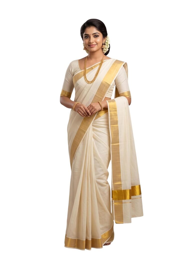 Kuthampully Kerala Kasavu Saree Cotton Plain 2 inch border and Zari