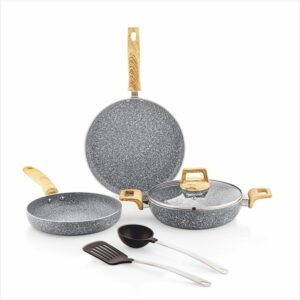 Amazon Basics Granite Finish Non Stick 5 Pcs Induction Base Cookware Set