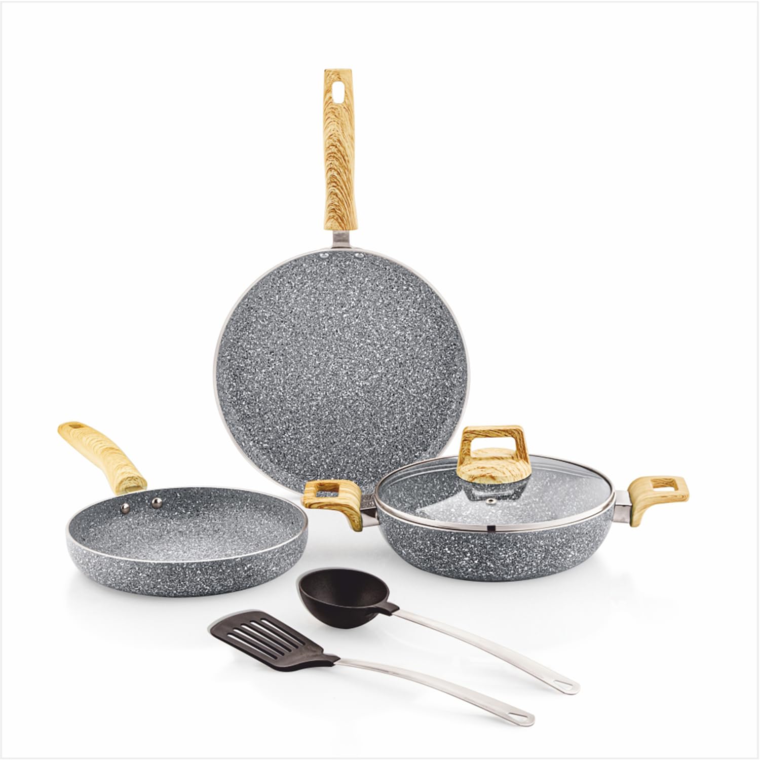 Amazon Basics Granite Finish Non Stick 5 Pcs Induction Base Cookware Set