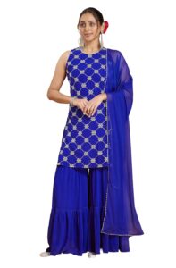 Janasya Women’s Royal Blue Georgette Zari Embroidered Straight Kurta